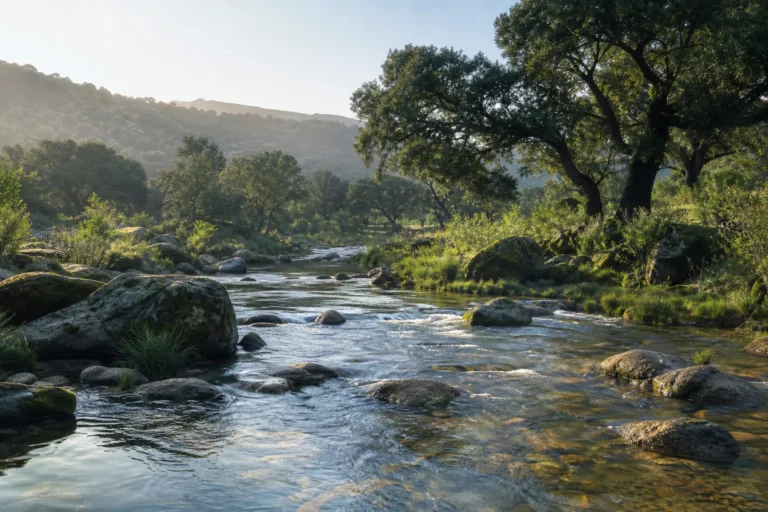 Río de aguas limpias entre encinas en una dehesa