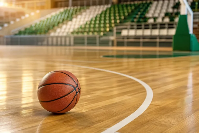 Balón de baloncesto sobre la pista de un pabellón