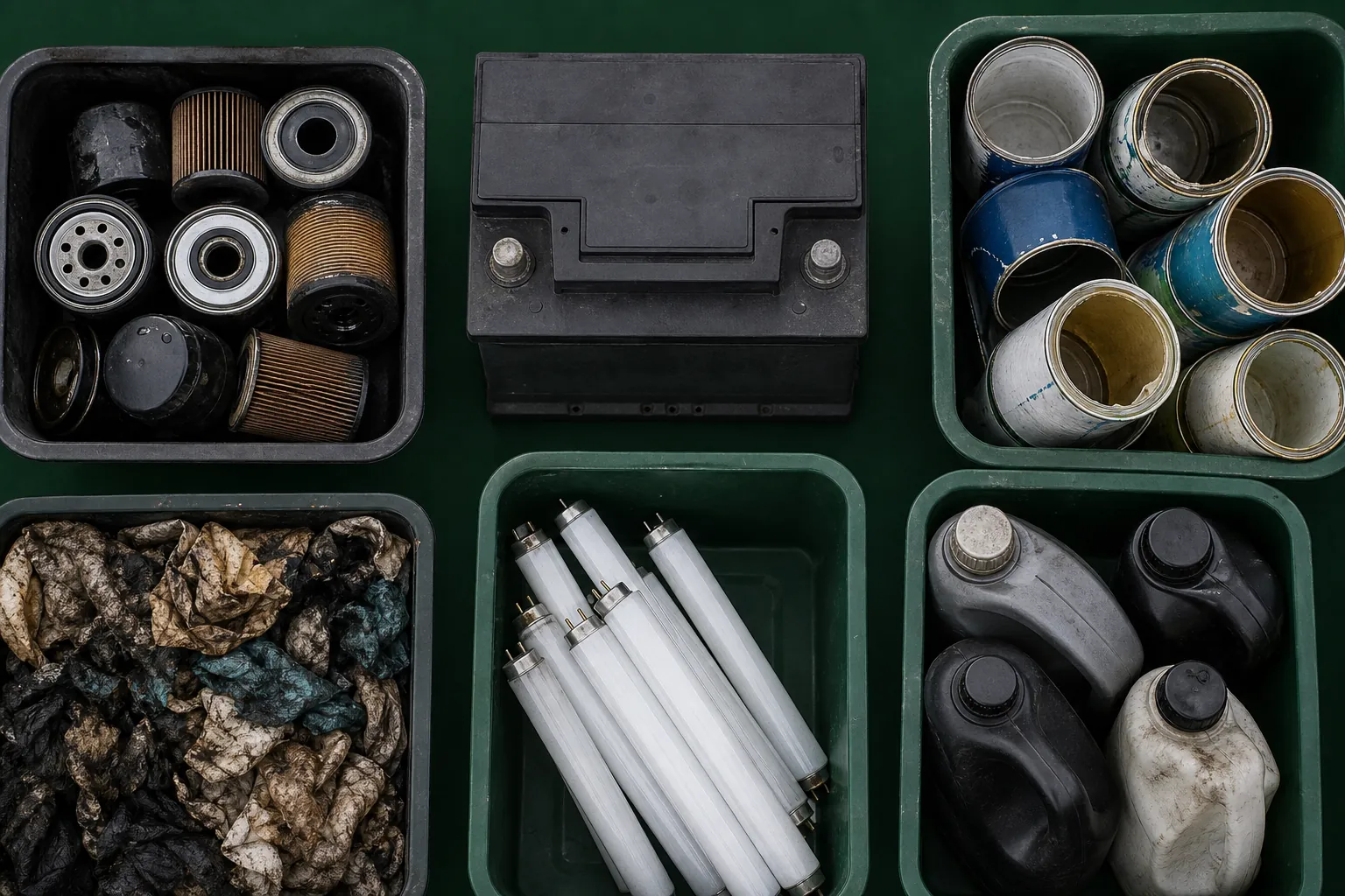 Residuos separados: filtros de aceite, batería, envases de pintura, trapos, fluorescentes y envases
