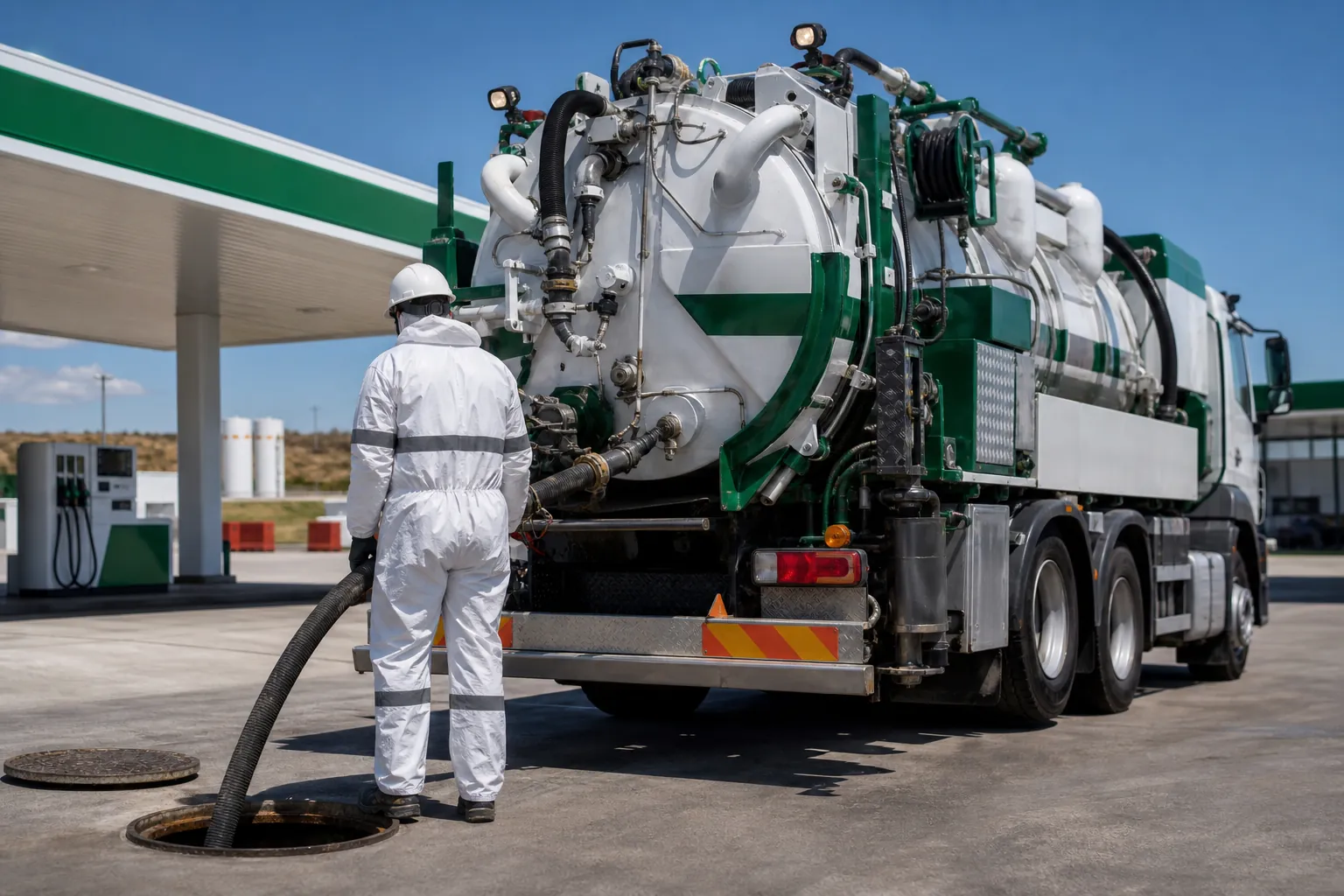 Equipo mixto de aspiración limpiando el separador de hidrocarburos de una gasolinera